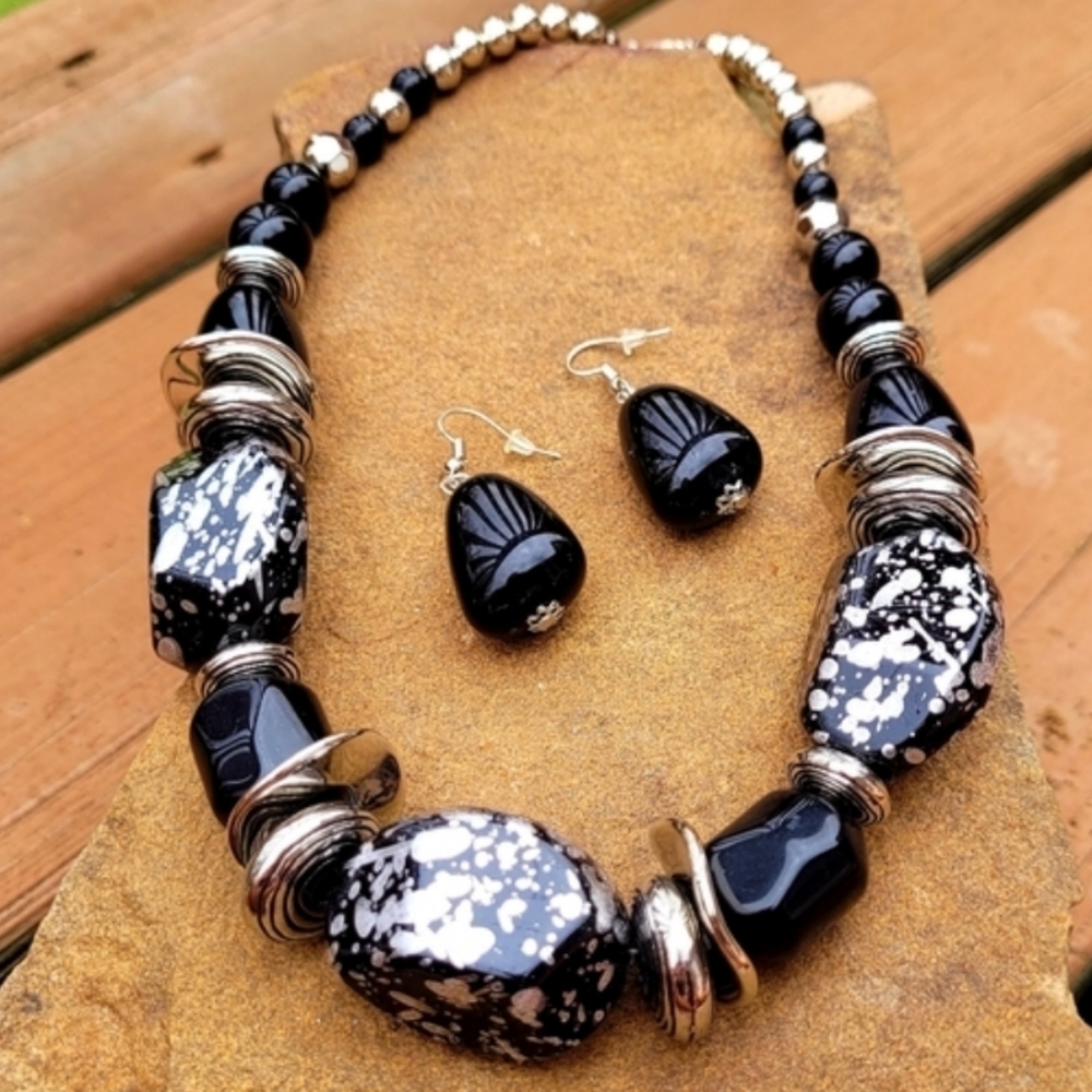 Boho Black Snowflake Obsidian Beaded Statement Necklace